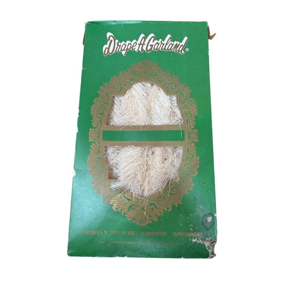 Vintage Drape A Garland 18 Ft Flameproof Tinsel 6 Yds Tarnishproof White In Box
